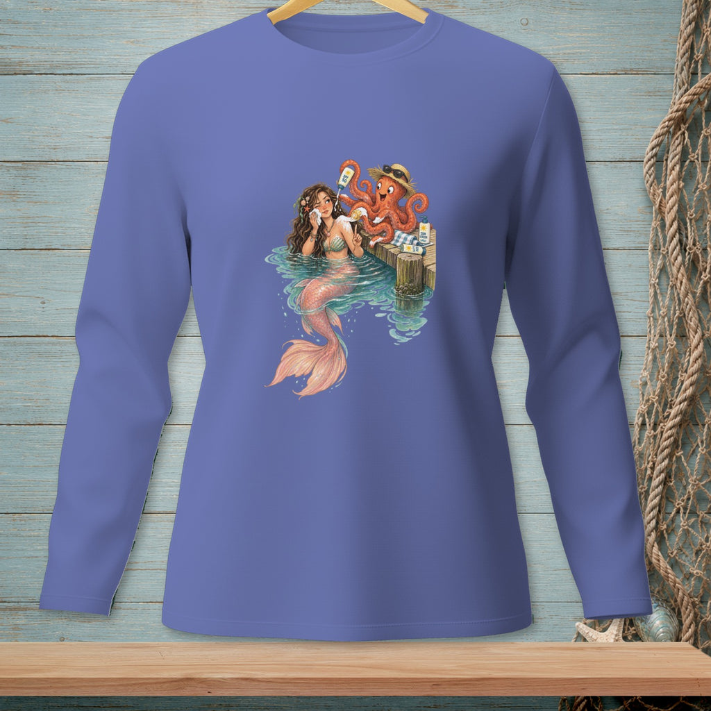 Mermaid and octopus with sunscreen on a dock in the water.