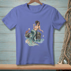 Illustration of a mermaid with sunglasses sitting on rocks, holding a drink, with a crab.