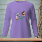 Long-sleeved lavender shirt with a graphic of a mermaid and a seagull on a buoy.