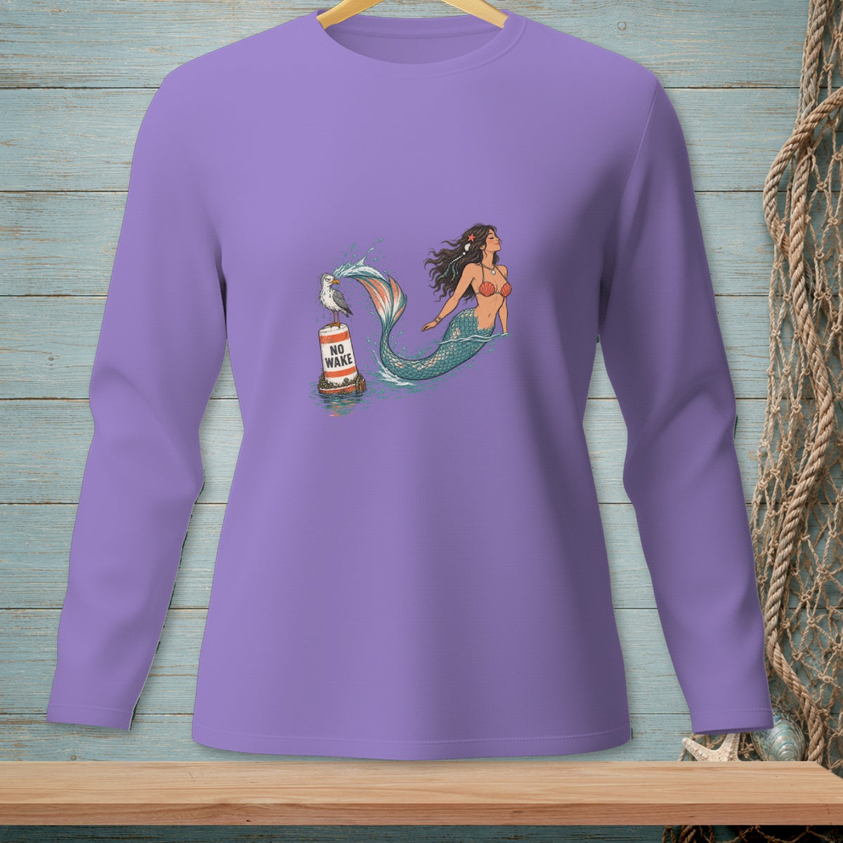 Long-sleeved lavender shirt with a graphic of a mermaid and a seagull on a buoy.