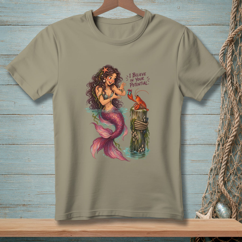 Mermaid offers lobster a gift with text "I Believe In Your Potential".