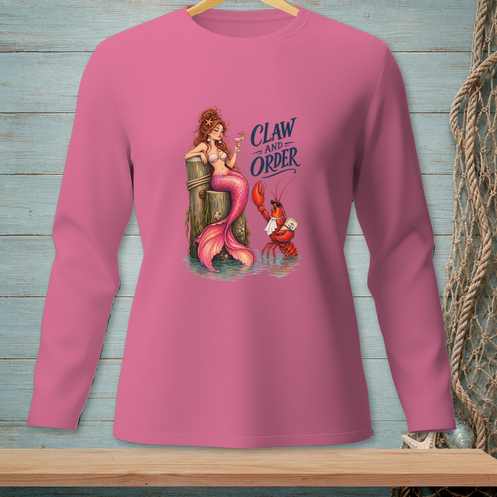 Mermaid with cocktail and lobster with gavel on pink long-sleeve shirt, text "Claw and Order".