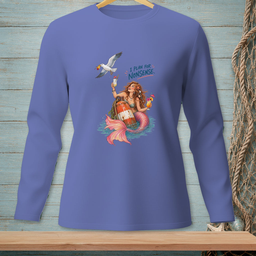 Mermaid holding cocktails with a seagull, on a lavender long-sleeve shirt.