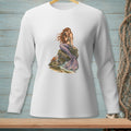 White long-sleeve shirt with a mermaid sitting on rocks with a crab.