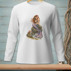 White long-sleeve shirt with a mermaid sitting on rocks with a crab.