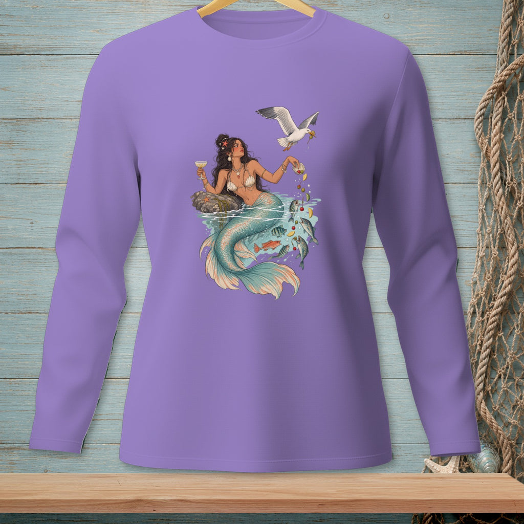 Long-sleeved purple shirt with a mermaid enjoying drinks with a seagull.