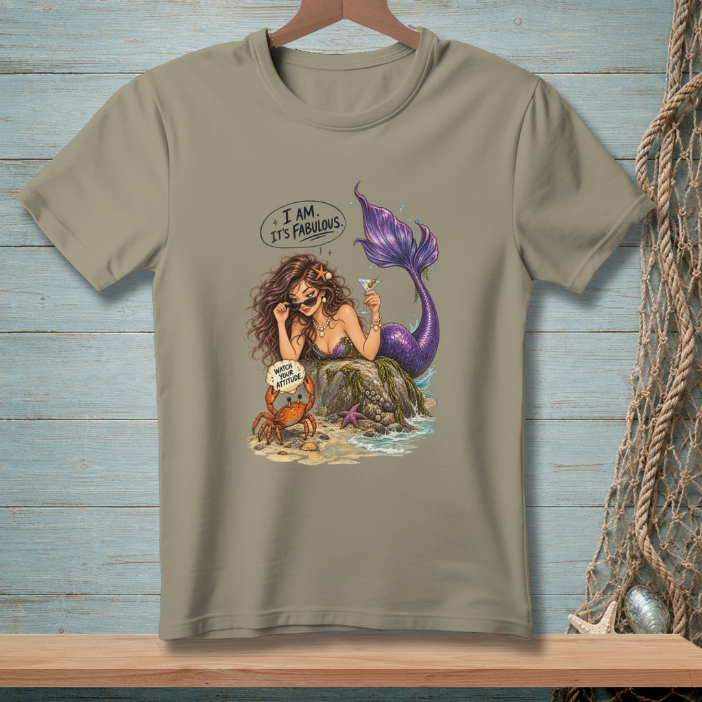 Mermaid with sunglasses and cocktail, and a crab holding a sign saying "Watch Your Attitude."