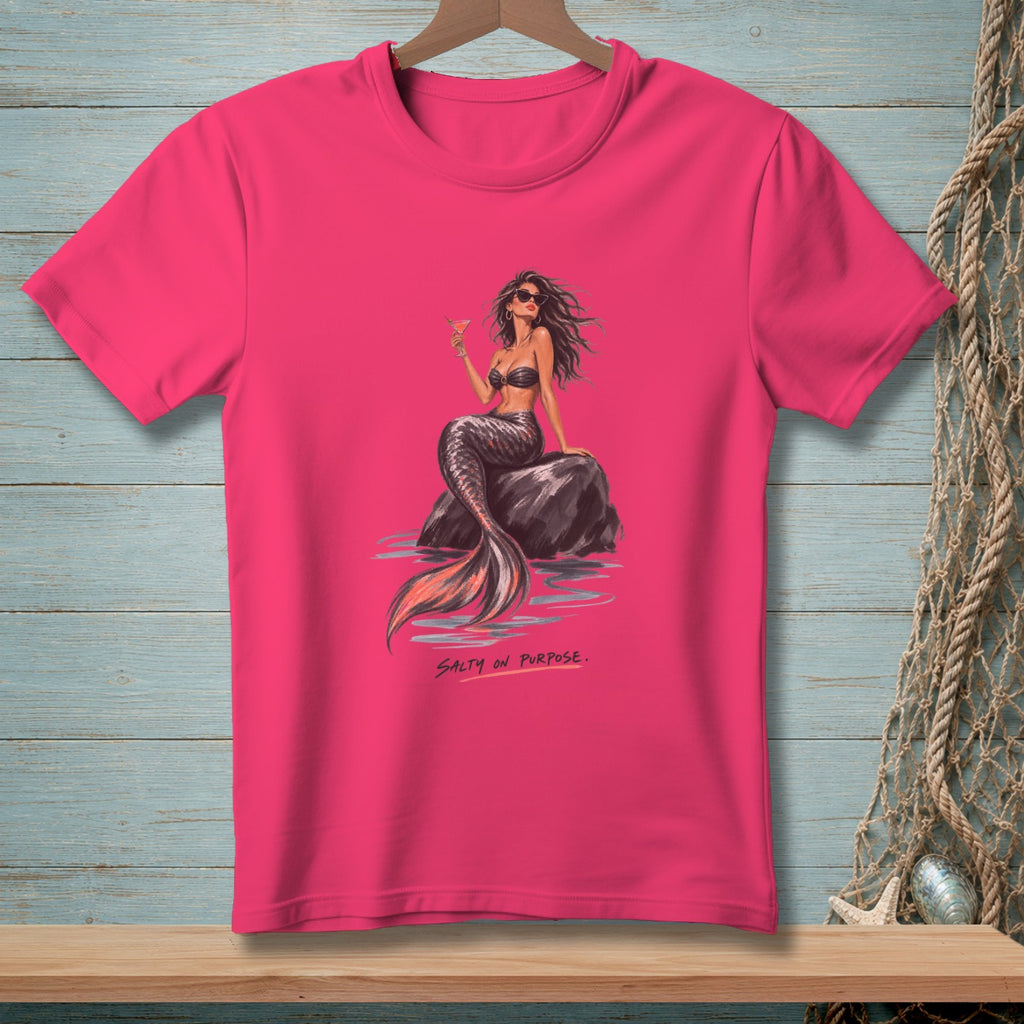 Pink t-shirt with a mermaid illustration and the text "SALTY ON PURPOSE."