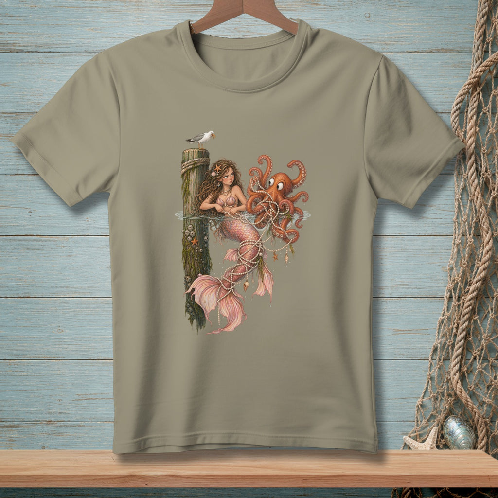 Mermaid and octopus artwork on a tan t-shirt with nautical background.