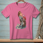 Pink t-shirt with a mermaid holding a pearl next to a lobster on a post.