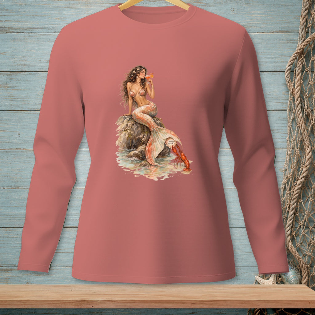 Mermaid with lobster and drink on a rock, "Second Chance" text on tail.