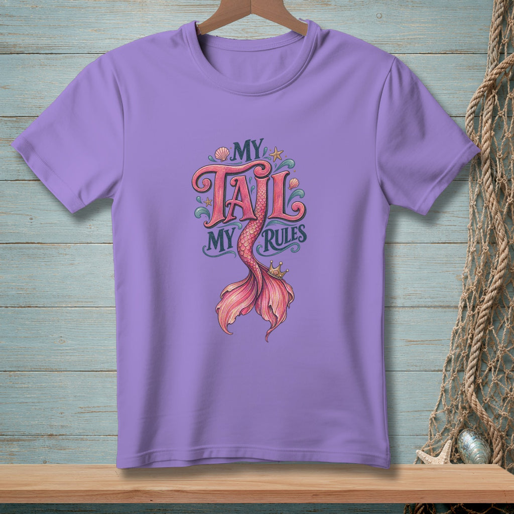 Purple t-shirt with "My Tail My Rules" mermaid tail graphic.