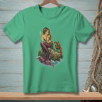 Mermaid with lobster on rock holding glass of champagne.