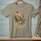 T-shirt with a vintage mermaid on a rock, surrounded by crabs and sea life.