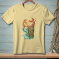 Mermaid and lobster with rum and martini on a weathered post.