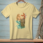 Mermaid and lobster with rum and martini on a weathered post.