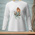 Long sleeve white shirt featuring a mermaid and seagull illustration on a rock.