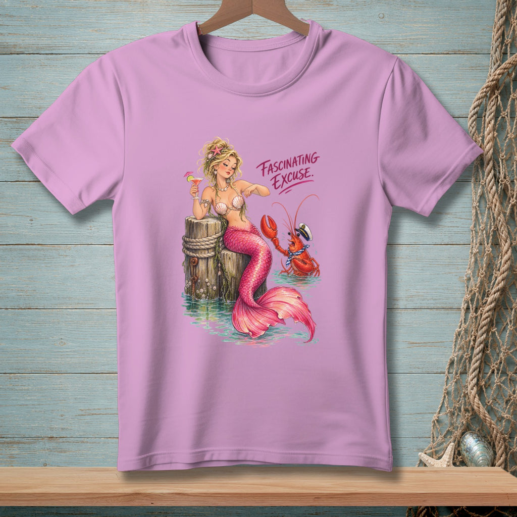 Mermaid with a cocktail and a lobster in a sailor hat, "Fascinating Excuse."
