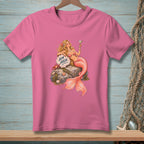 Pink t-shirt with mermaid illustration holding a martini glass and text "Aim High."