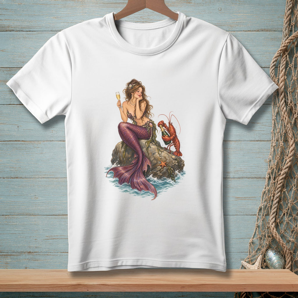 Mermaid holding champagne and a lobster on a rock.