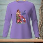 Mermaid with a pink tail and lobster holding a gavel, text "Claw and Order."