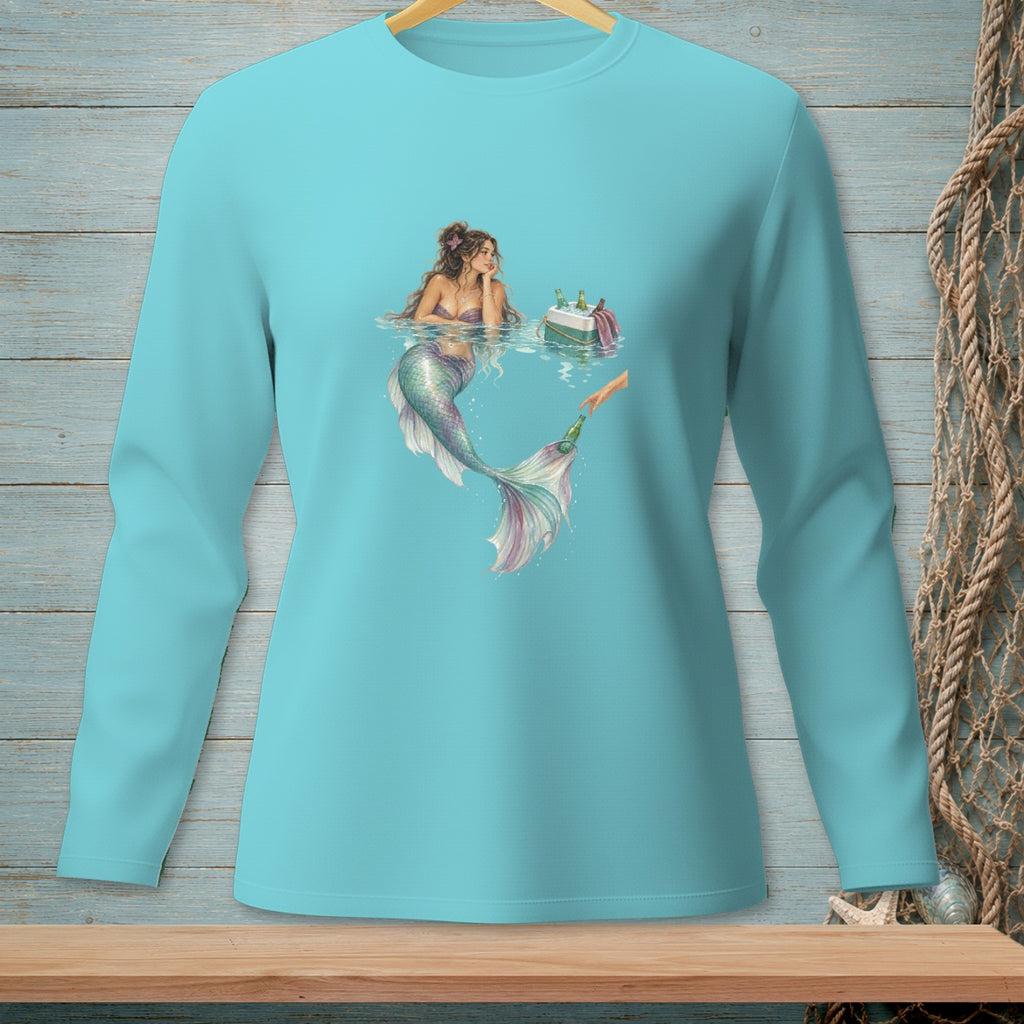Long sleeve teal shirt with mermaid holding a beer, next to a cooler.