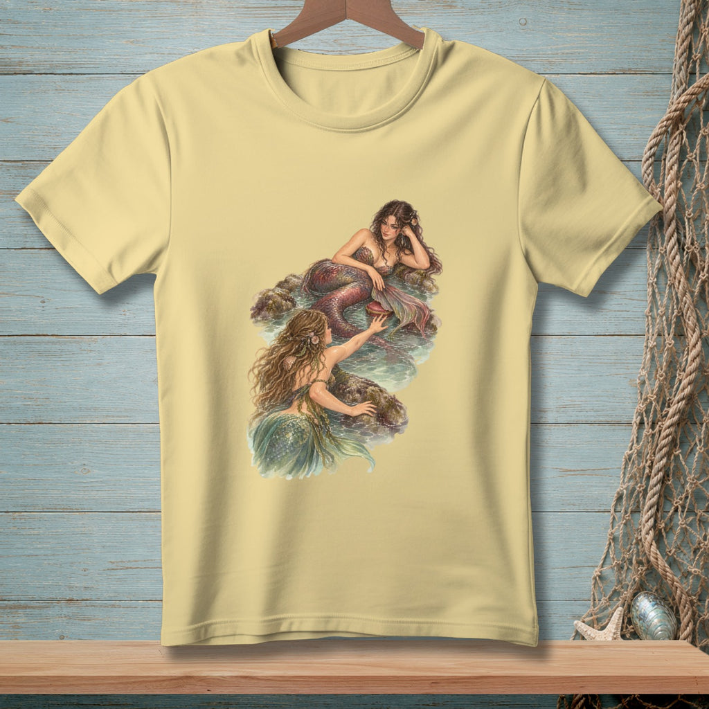 Light yellow t-shirt with a watercolor-style print of two mermaids on rocks in water.