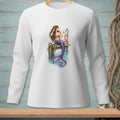 Long-sleeve white t-shirt with mermaid artwork holding a mirror on a wooden pier.