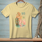 Light yellow t-shirt with a mermaid holding a drink and the text "Now I'm Ready".