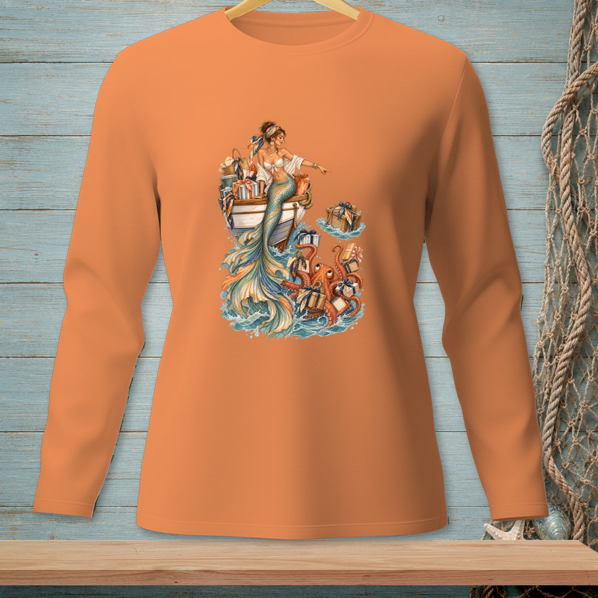 Mermaid on a boat with octopuses and gift boxes in wavy water.