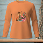 Orange long-sleeve shirt with a mermaid, lobster, flowers, and text "We're Not There Yet."