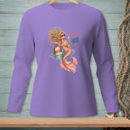 Mermaid with cocktail and buoy, text "BAD HAIR GOOD POUR" on purple shirt.