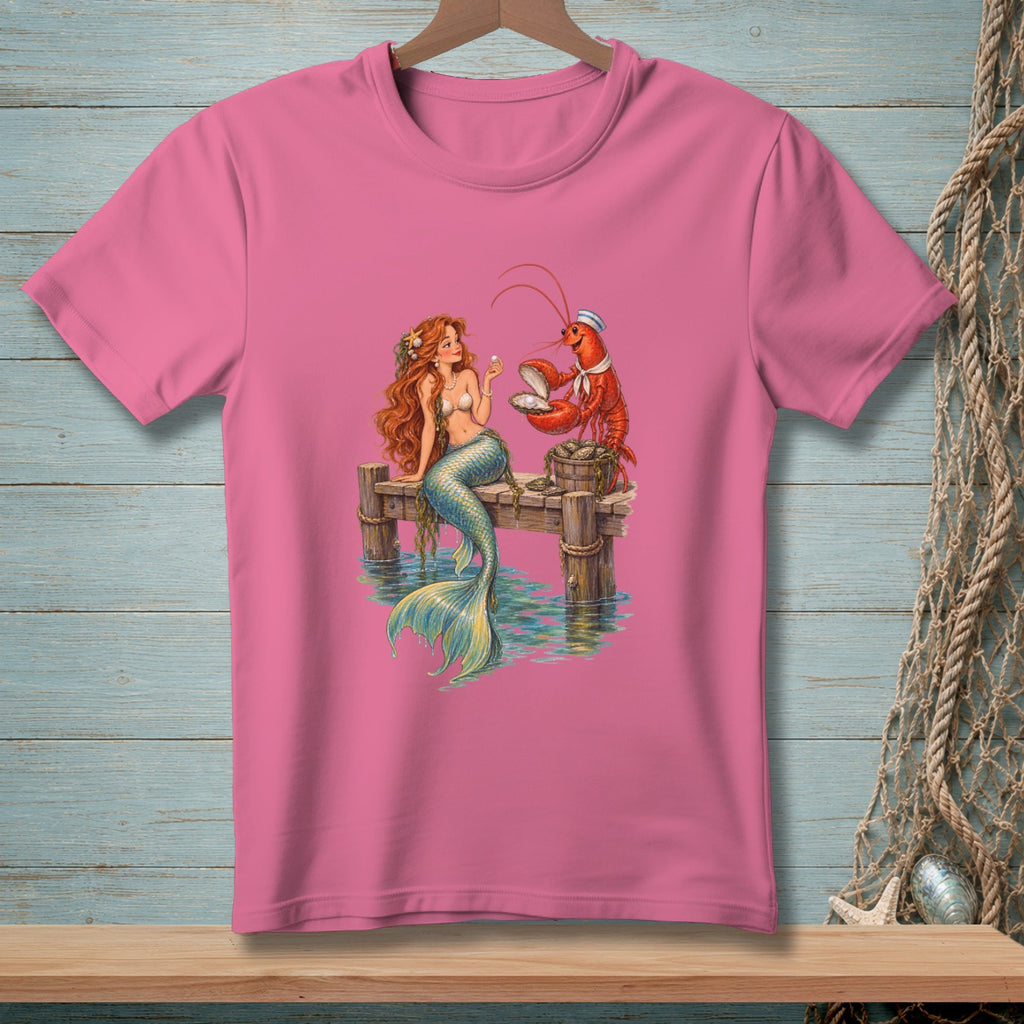 Mermaid and lobster sharing pearls on a dock with a nautical background.