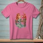 Mermaid and lobster sharing pearls on a dock with a nautical background.