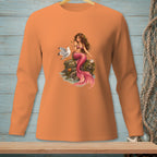 Orange long-sleeve shirt featuring a mermaid with a pink tail sitting on a rock with a seagull.