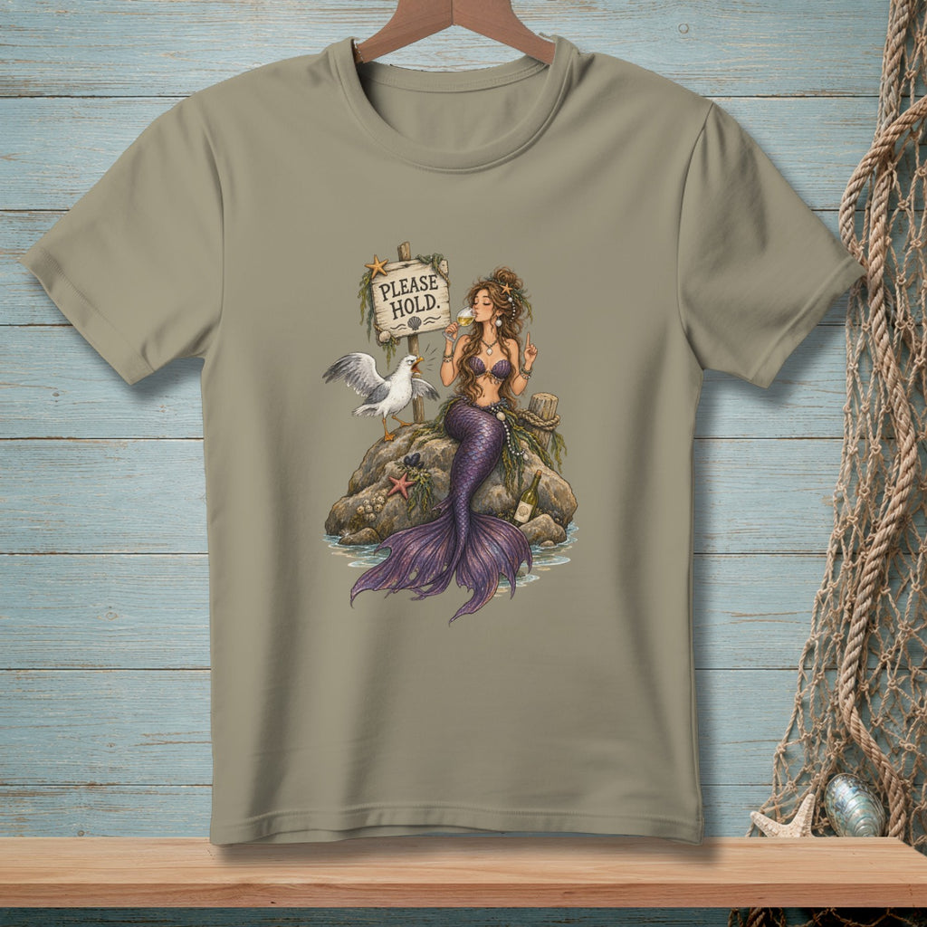 Mermaid with purple tail drinks wine next to seagull and sign reading "PLEASE HOLD."