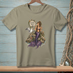 Mermaid with purple tail drinks wine next to seagull and sign reading "PLEASE HOLD."