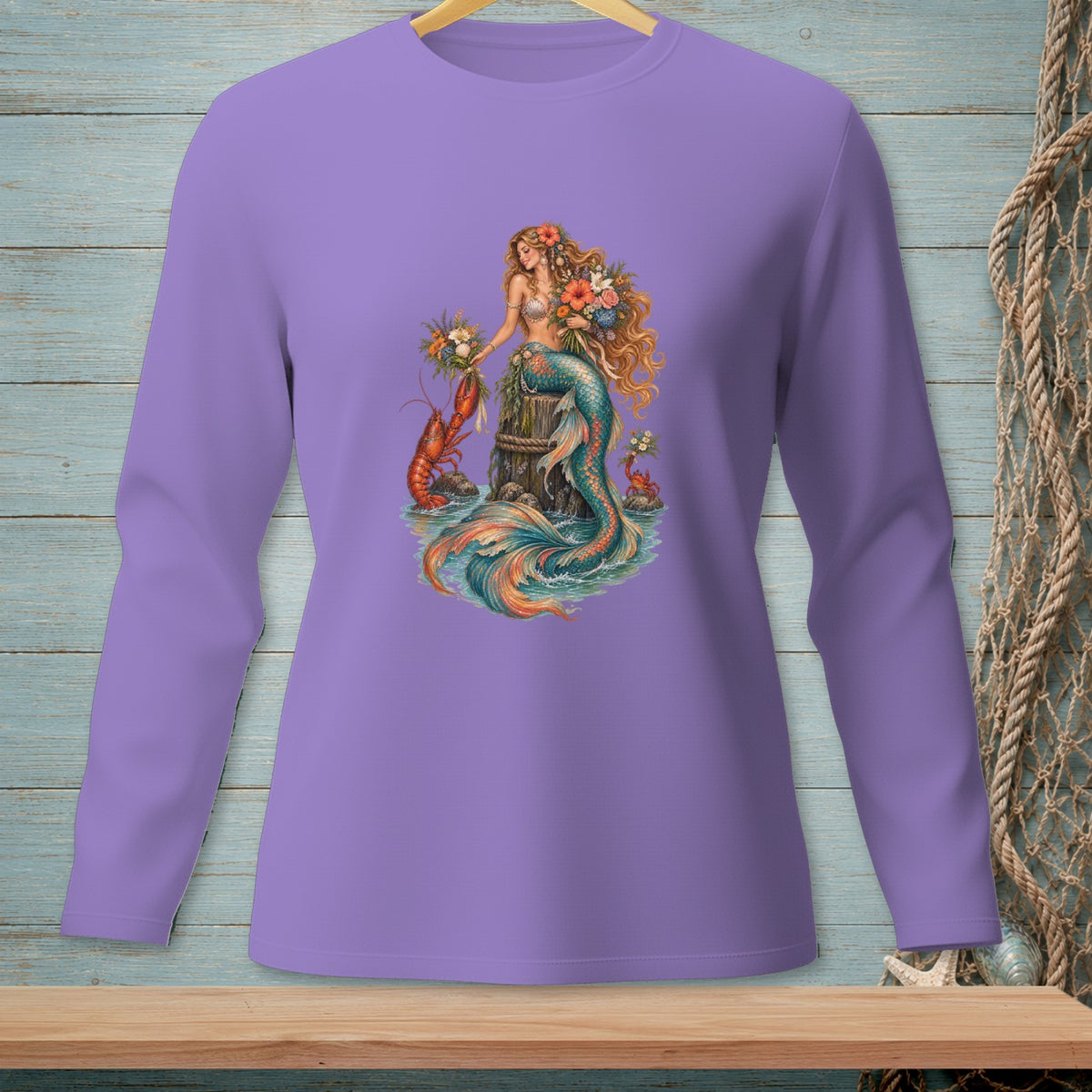 Purple long-sleeve shirt with mermaid, lobster, and crab graphic.