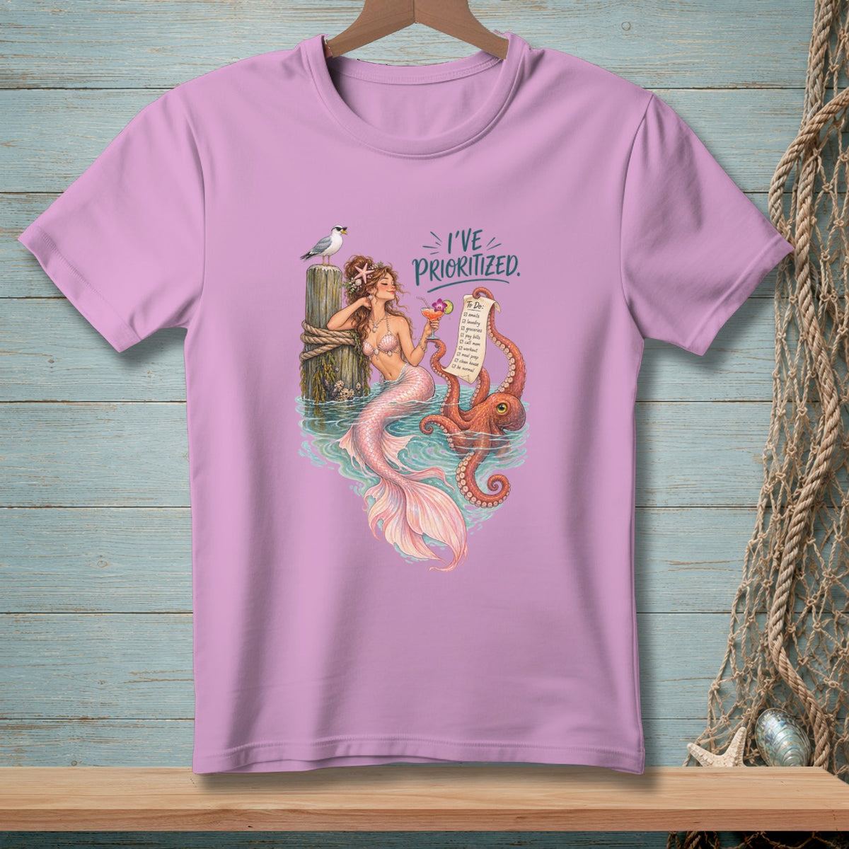 Mermaid with octopus reads a "To Do" list titled "I've Prioritized".