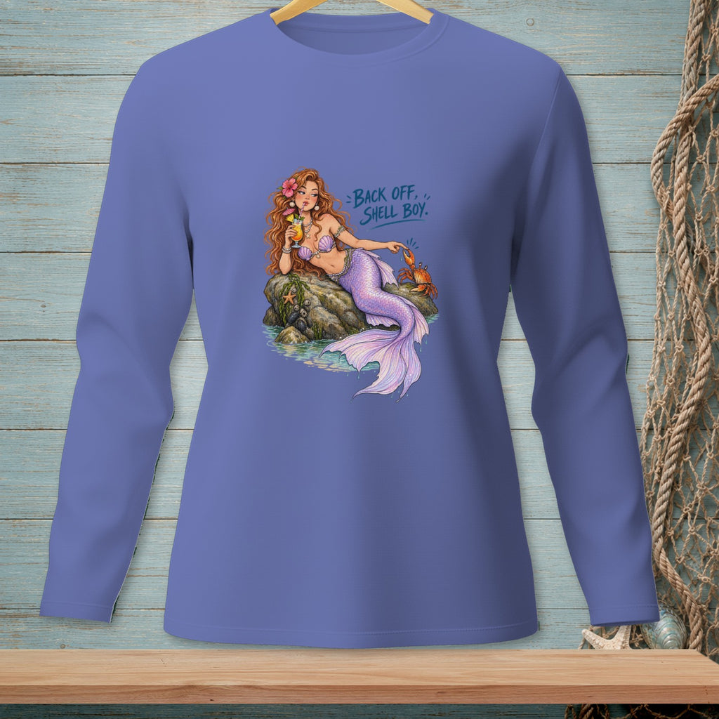 Mermaid with pink tail drinks cocktail, text reads "Back Off, Shell Boy."