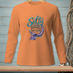 Orange long-sleeve shirt with "Salty Hair Don't Care" and mermaid tail graphic.