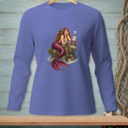 Mermaid with pink tail resting on rocks near a crab holding a sign.
