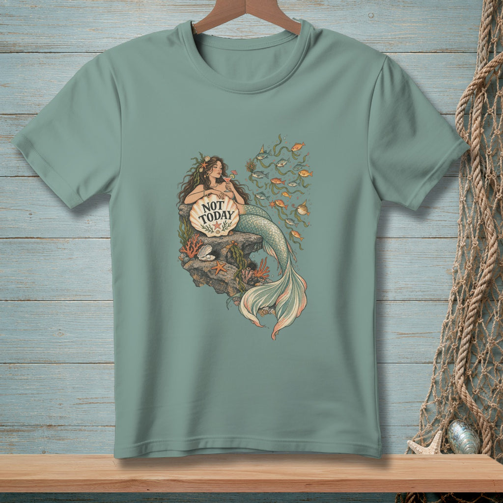Mermaid with cocktail on rock with "Not Today" text on seashell, surrounded by fish.