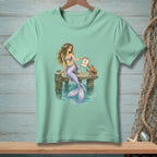 Mermaid sitting on a dock with a crab and a clipboard marked "DECLINED".