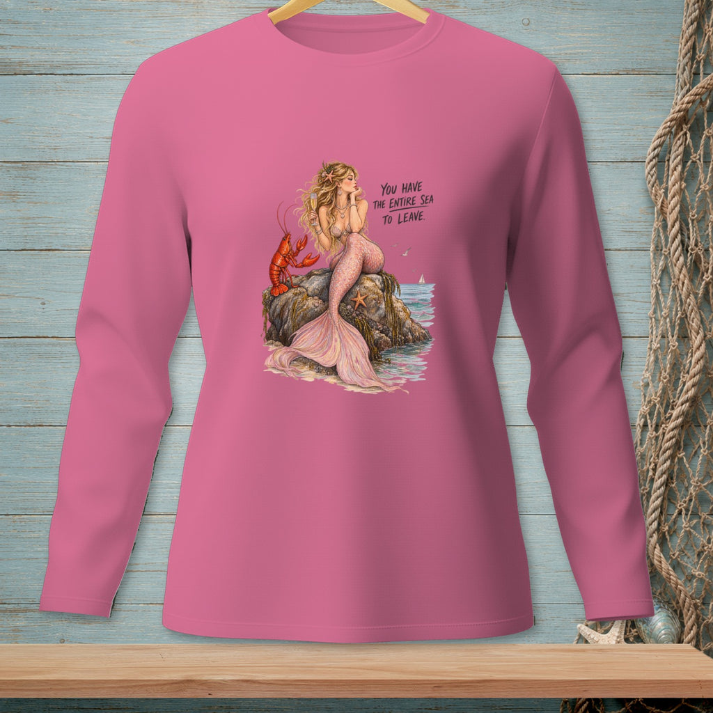Mermaid and lobster on a rock with text "You have the entire sea to leave."