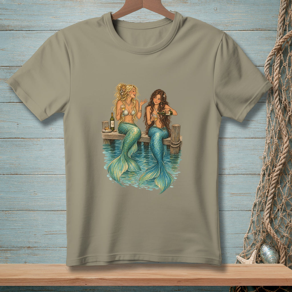 Two mermaids with green tails sit on a wooden dock, drinking champagne.