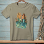 Two mermaids with green tails sit on a wooden dock, drinking champagne.