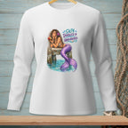 Mermaid on pier with drink, "Salty, Tangled & Unbothered" text.