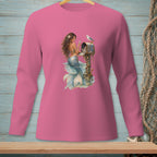 Pink long-sleeve shirt with mermaid by a mailbox and a seagull.