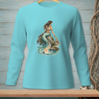 Teal long-sleeve shirt with a mermaid sitting on rocks holding a crab graphic.